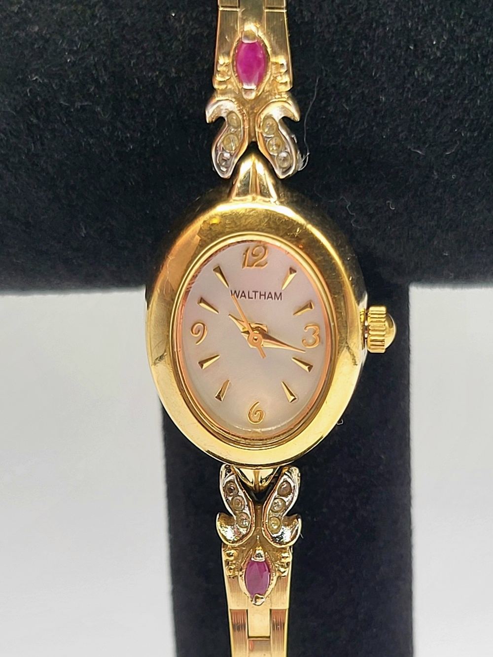Vintage Waltham Ruby & Diamond Accent Gold Tone Quartz Watch Model: WAW040 MOP